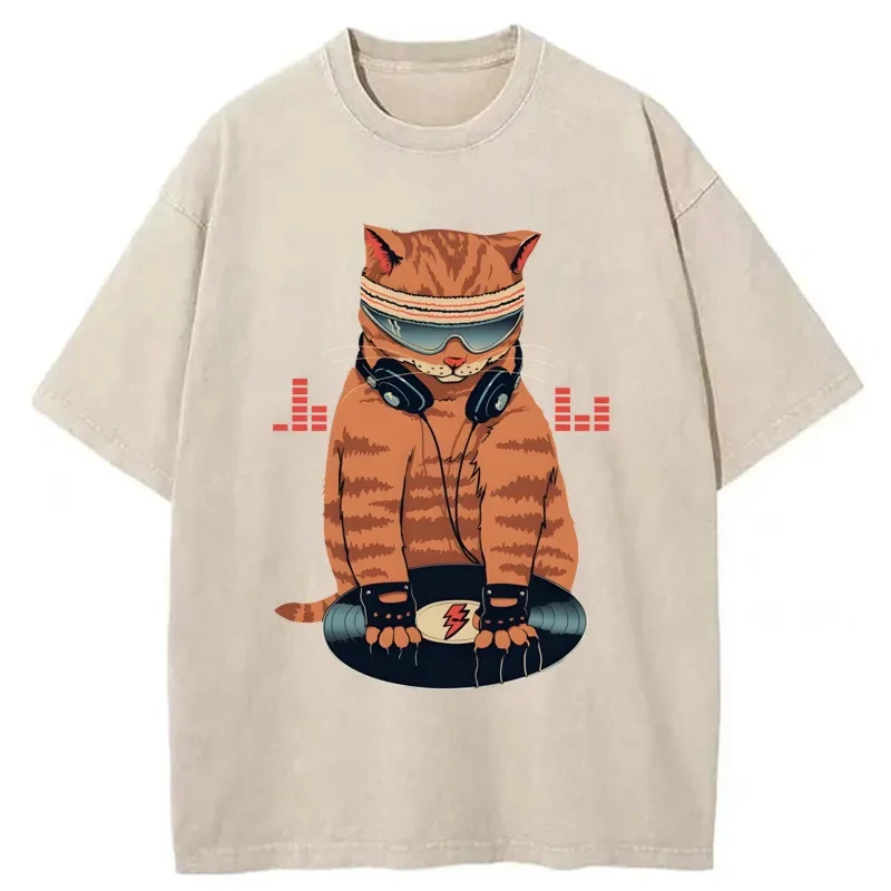 Modecanvas Funny Cat DJ Washed T-Shirt