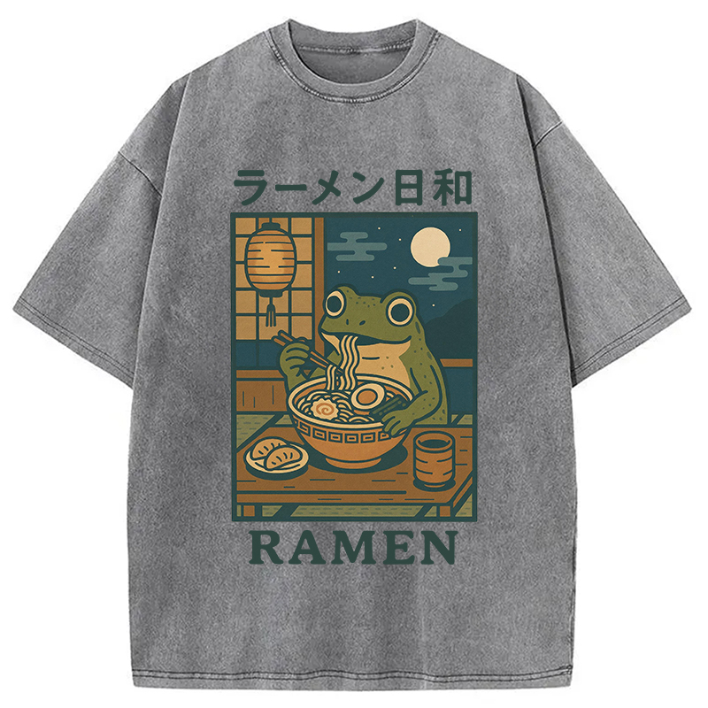 Modecanvas Japanese Frog Eating Ramen Washed T-Shirt-modecanvas
