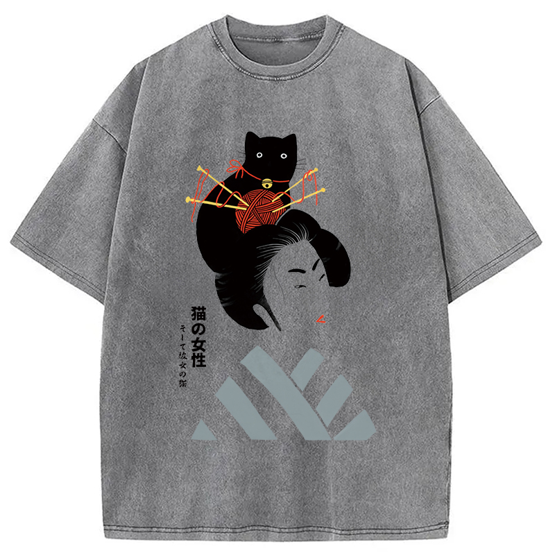 Modecanvas Geisha And Cat Washed T-Shirt