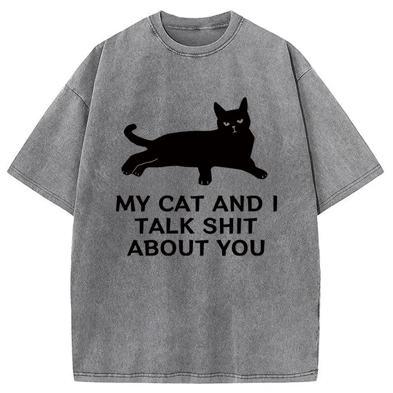 Modecanvas Gossiping Black Cat Washed T-Shirt-modecanvas