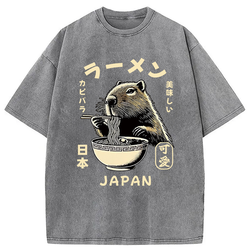 Modecanvas Retro Capybara Eating Ramen Japanese Washed T-Shirt