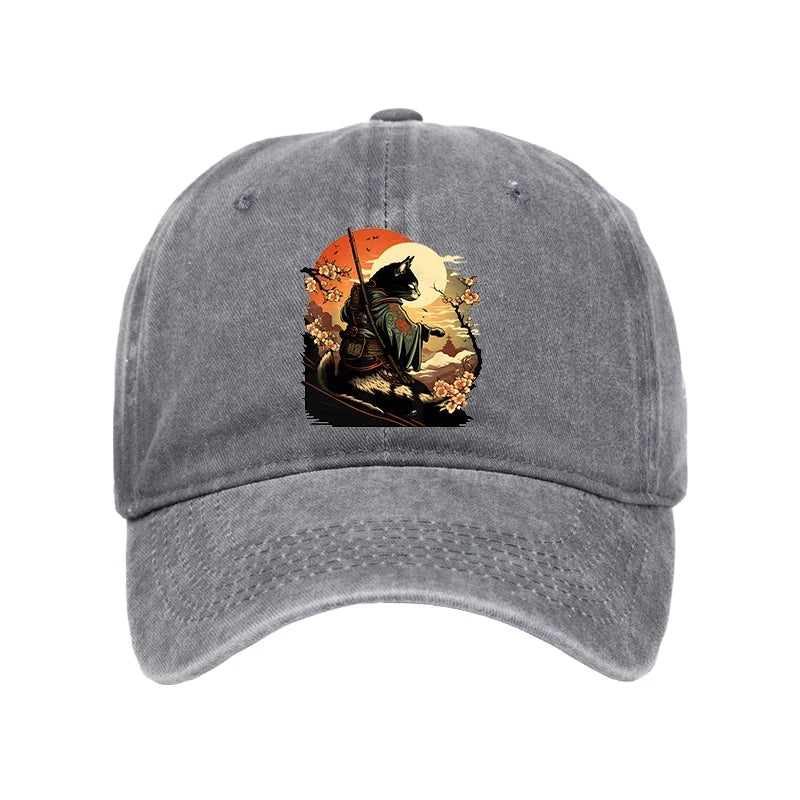 Modecanvas Cat Ninja Ukiyo-e Anime Style Samurai Washed Cap-modecanvas