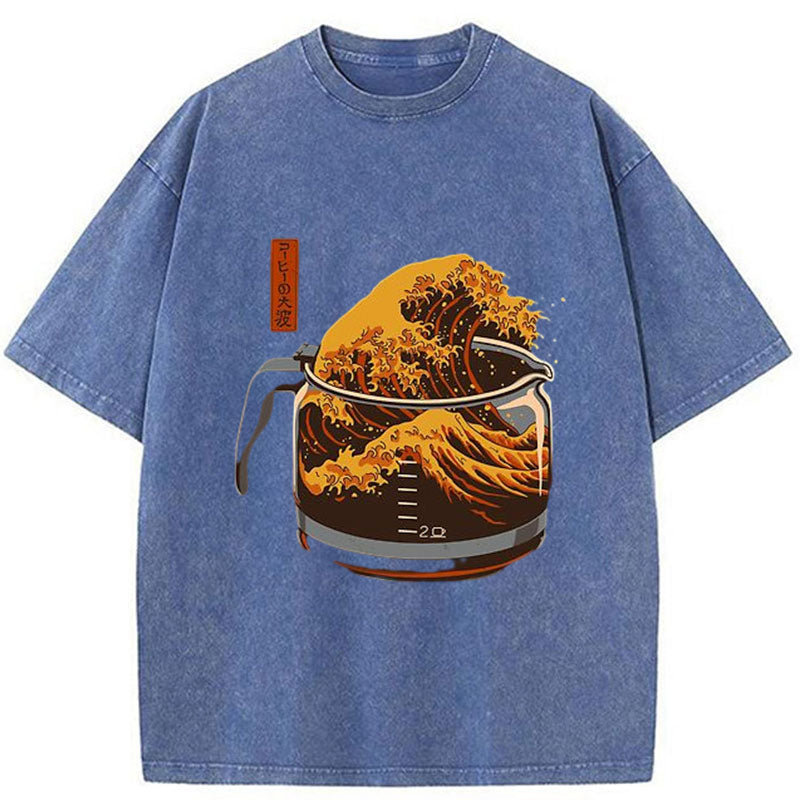 Modecanvas The Great Wave Off Coffee Japanese Washed T-Shirt-modecanvas
