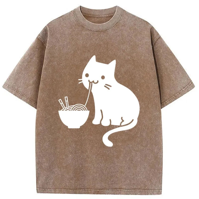 Modecanvas Cat Eating Ramen Japan Washed T-Shirt