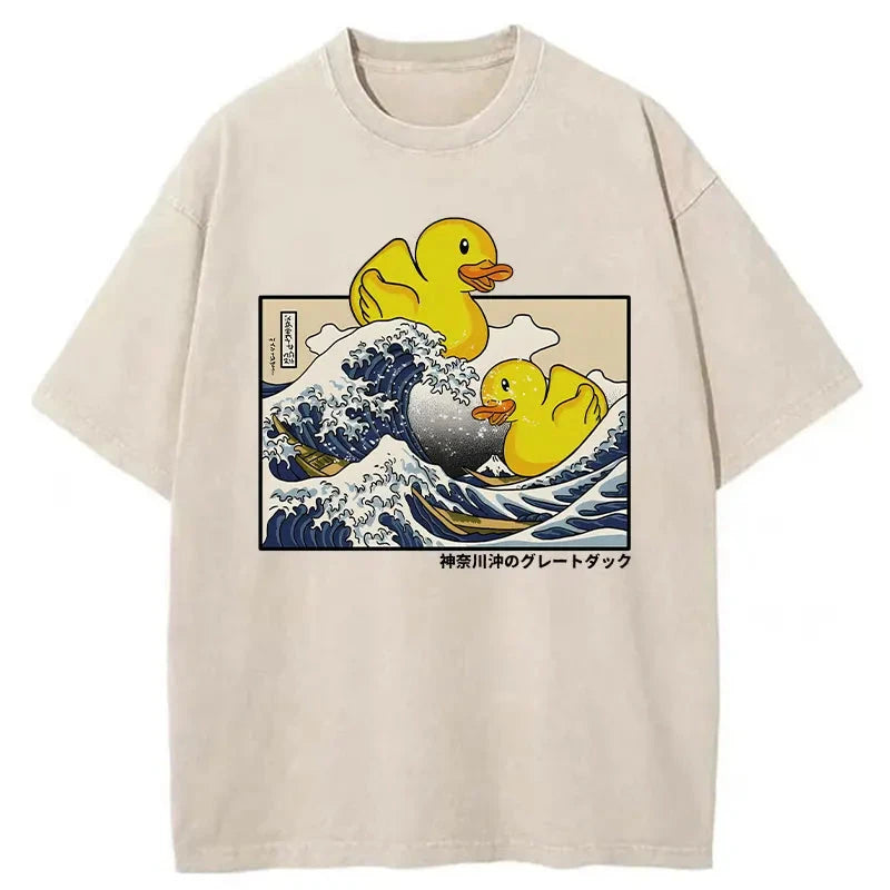 Modecanvas Ukiyoe Waves And Cute Yellow Duck Washed T-Shirt-modecanvas