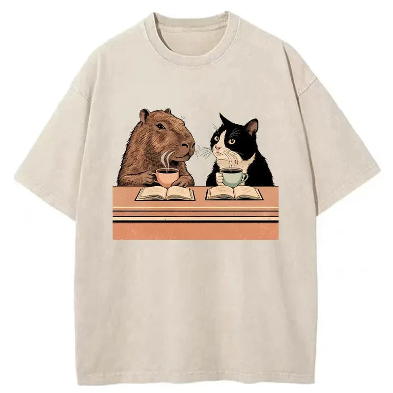 Modecanvas Capybara And Cat Talk Washed T-Shirt-modecanvas