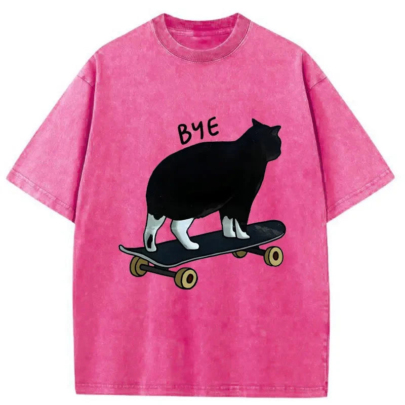 Modecanvas Cat On Skateboard Washed T-Shirt-modecanvas
