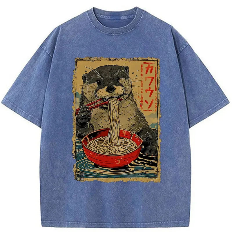 Modecanvas Otter Eating Ramen Japan Washed T-Shirt