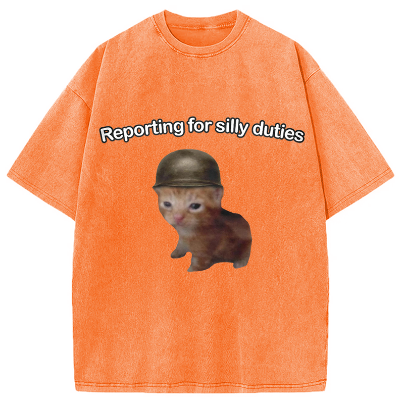 Modecanvas Reporting for Silly Duties Funny Cat Meme DTG Printing Washed T-Shirt