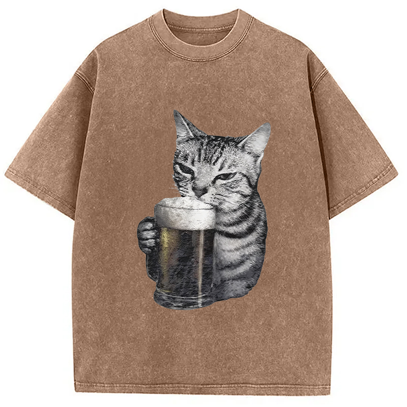 Modecanvas Cheers With The Cat Washed T-Shirt-modecanvas