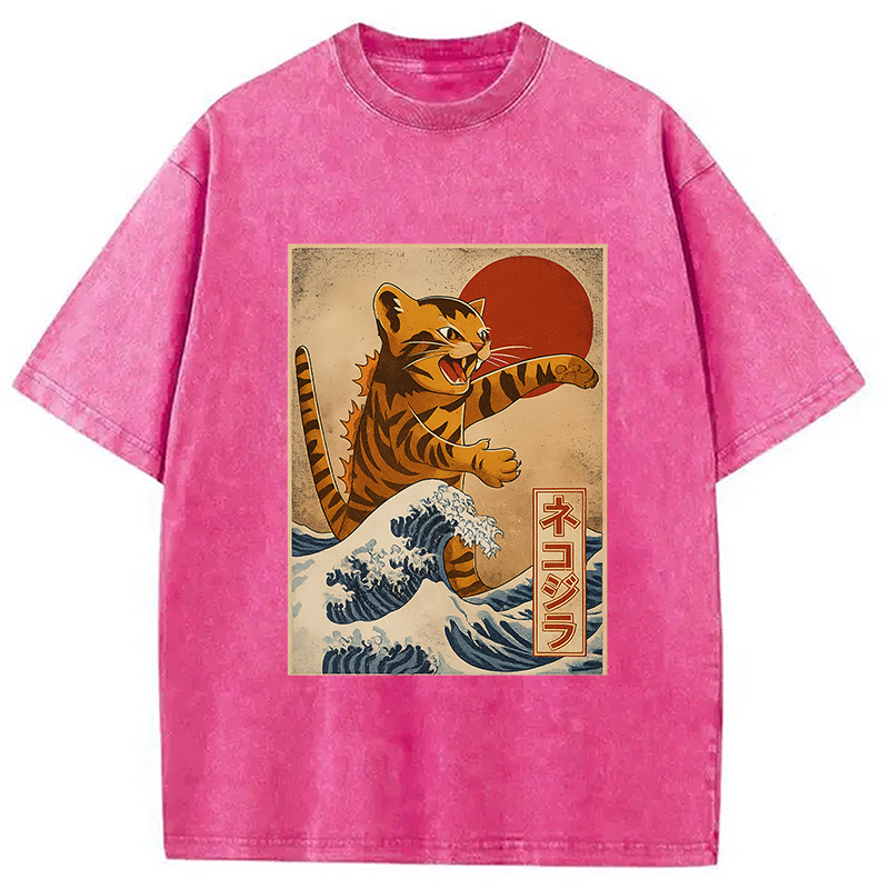 Modecanvas Catzilla Orange Cat Japanese Vintage Washed T-Shirt