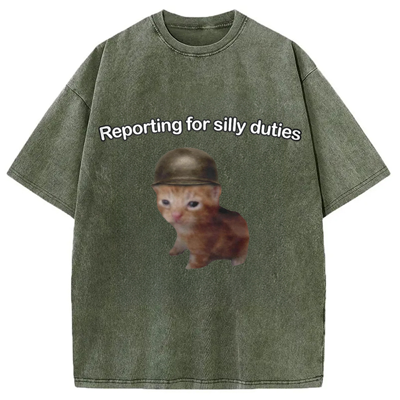 Modecanvas Reporting for Silly Duties Funny Cat Meme DTG Printing Washed T-Shirt