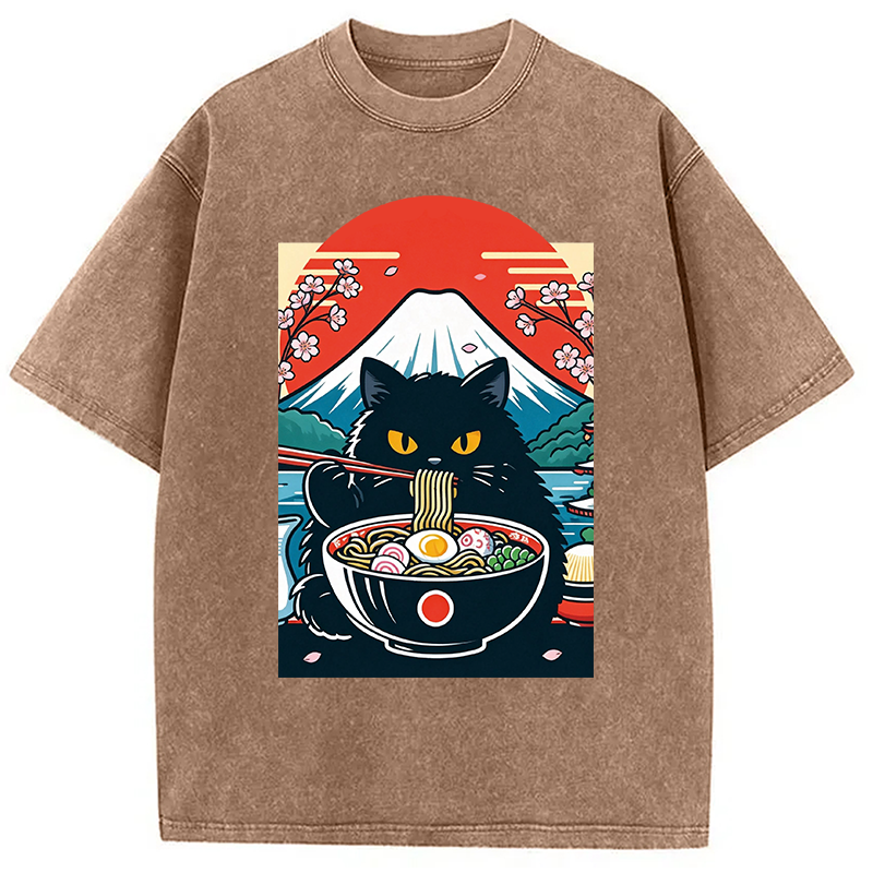 Modecanvas Black Cat Having Ramen Mount Fuji DTG Printing Washed T-Shirt
