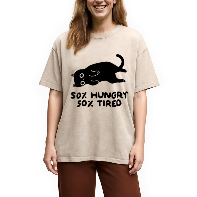 Modecanvas Hungry Tired Black Cat Funny Washed T-Shirt