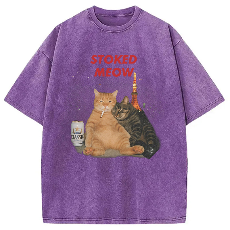 Modecanvas Stoked Meow Smoking Cat Washed T-Shirt