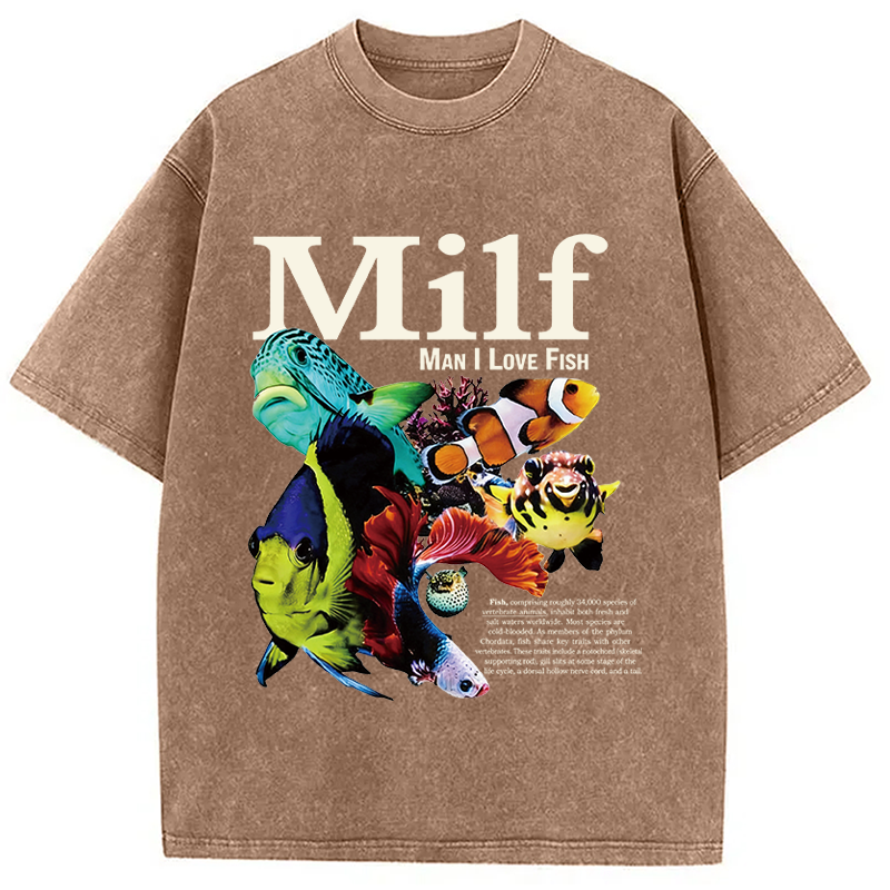 Modecanvas Man I Love Fish Vintage Meme Washed T-Shirt-modecanvas