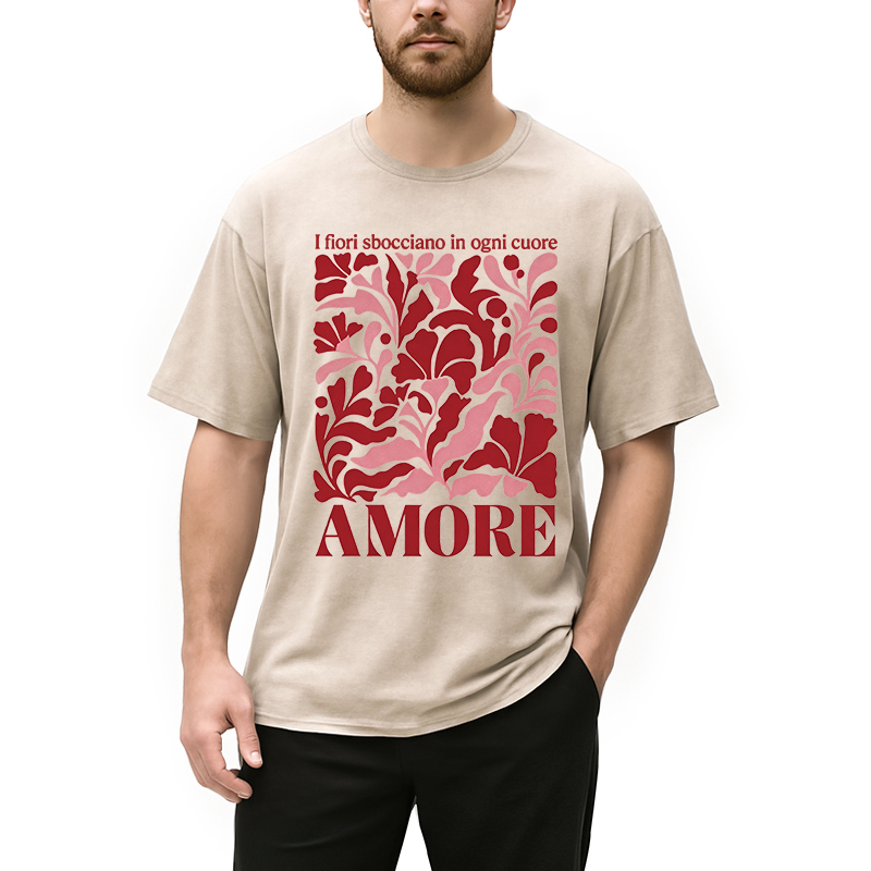 Modecanvas Red Floral Amore DTG Printing Washed T-Shirt-modecanvas