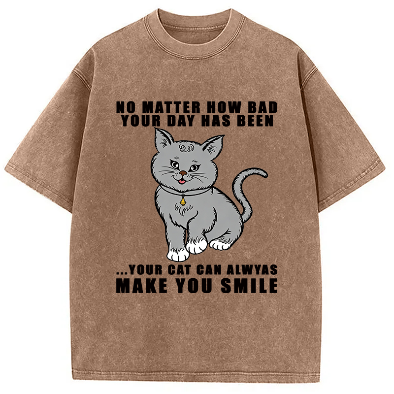 Modecanvas Funny Cat Make You Smile DTG Printing Washed T-Shirt