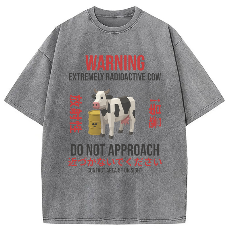 Modecanvas Radioactive Cow Warning Washed T-Shirt