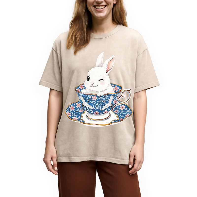 Modecanvas Cute Rabbit Tea Set DTG Printing Washed T-Shirt