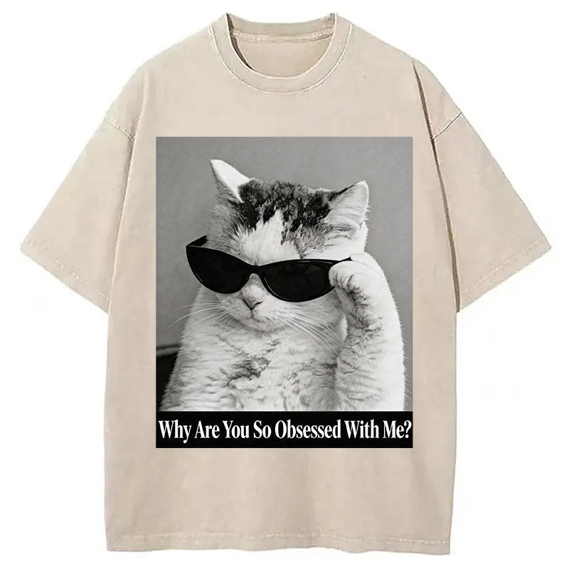 Modecanvas Why Are You So Obsessed WIth Me? Cat Meme DTG Printing Washed T-Shirt