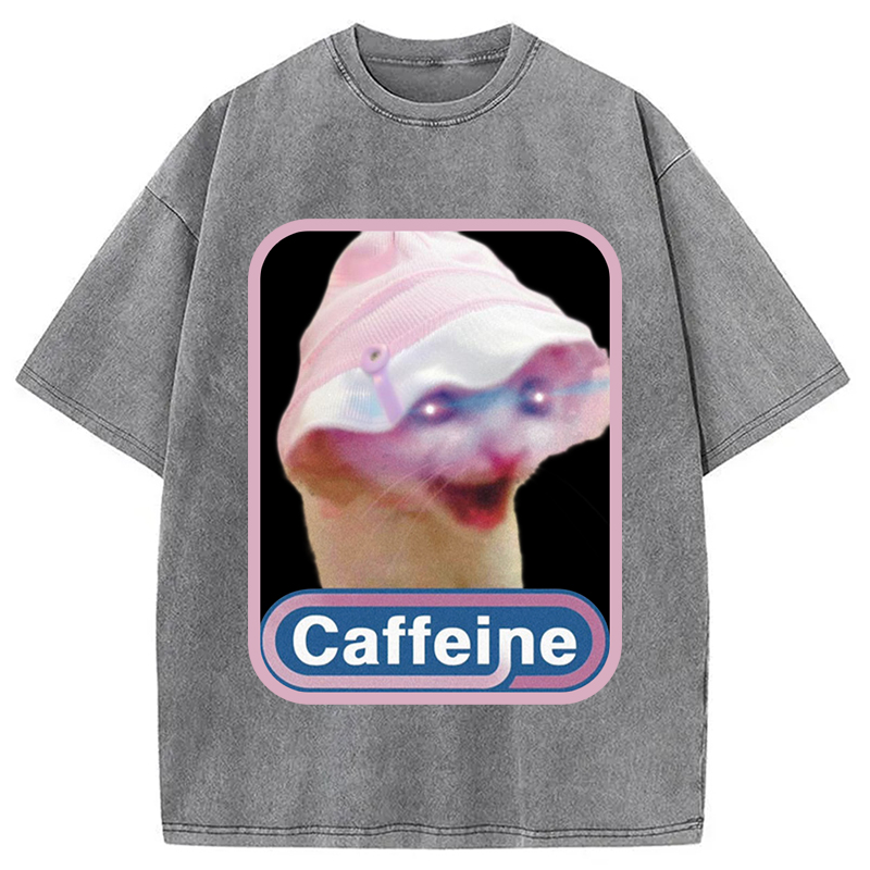 Modecanvas Caffeine Hat Cat Funny Meme Washed T-Shirt