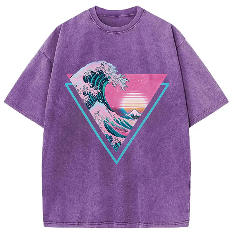 Modecanvas Great Wave Retro Triangle DTG Printing Washed T-Shirt