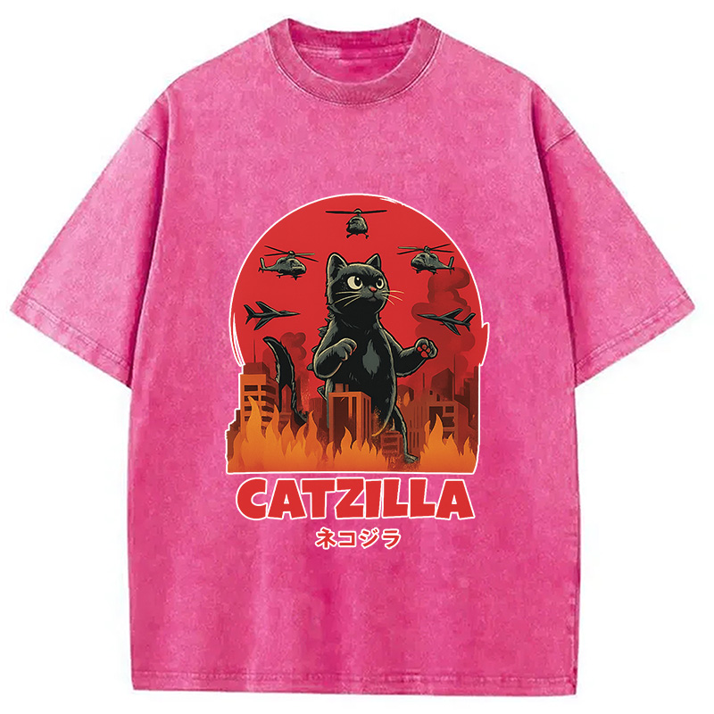 Modecanvas Catzilla Cat Japanese Vintage Washed T-Shirt