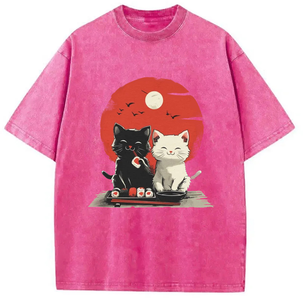 Modecanvas Black And White Cat Vintage Washed T-Shirt