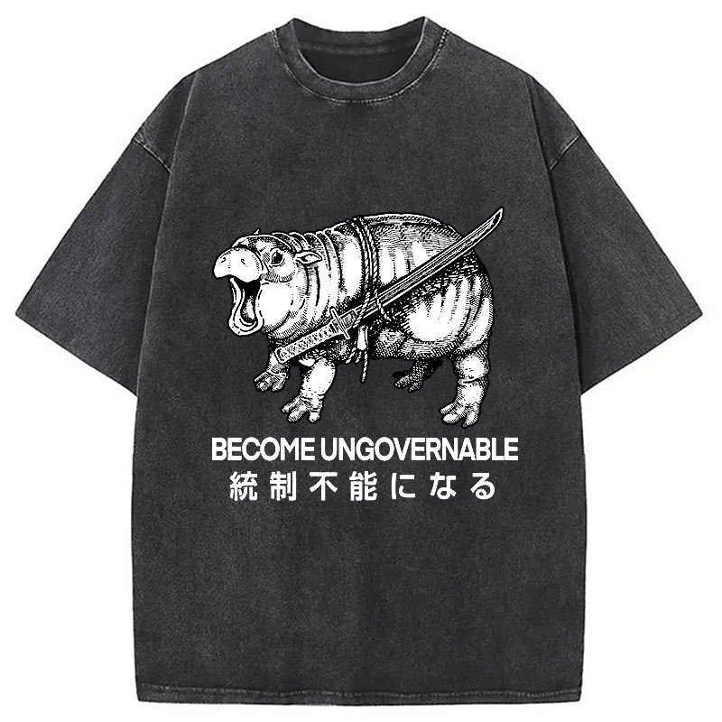 Modecanvas Moo Deng Carrying A Samurai Sword Washed T-Shirt-modecanvas