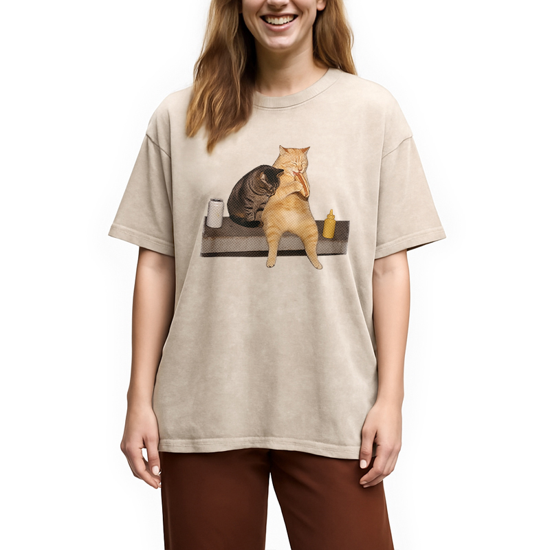 Modecanvas Cat Eating Hot Dog Washed T-Shirt