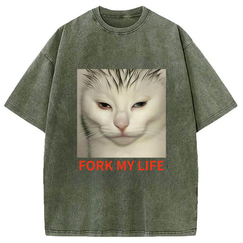 Modecanvas White Cat Fork My Life Washed T-Shirt
