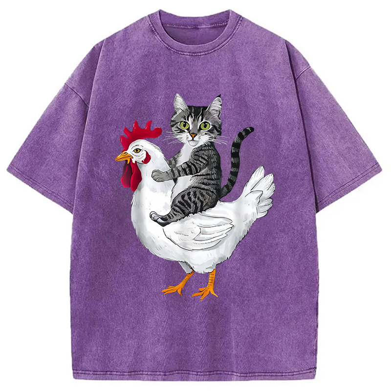Modecanvas Funny Cat Riding Chicken Washed T-Shirt
