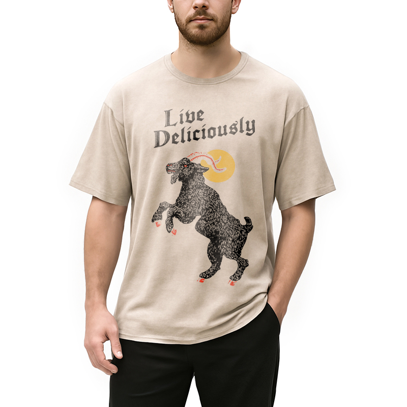 Modecanvas Black Philip Live Deliciously DTG Printing Washed T-Shirt