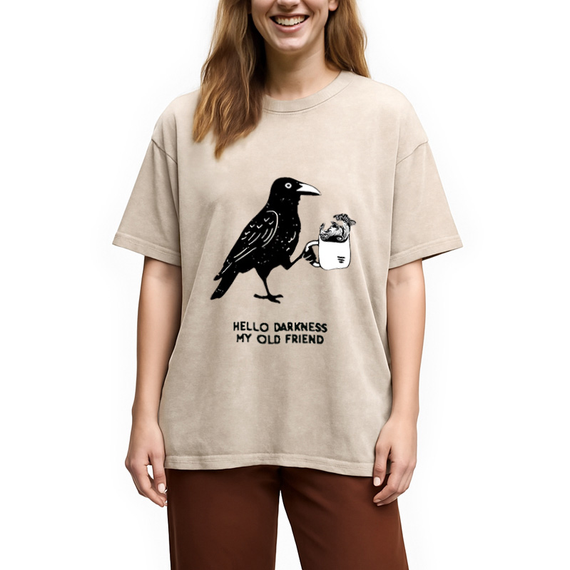 Modecanvas Crow Drinking Black Coffee Funny Washed T-Shirt