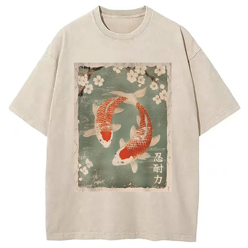 Modecanvas Koi fish and Cherry Blossom Washed T-Shirt