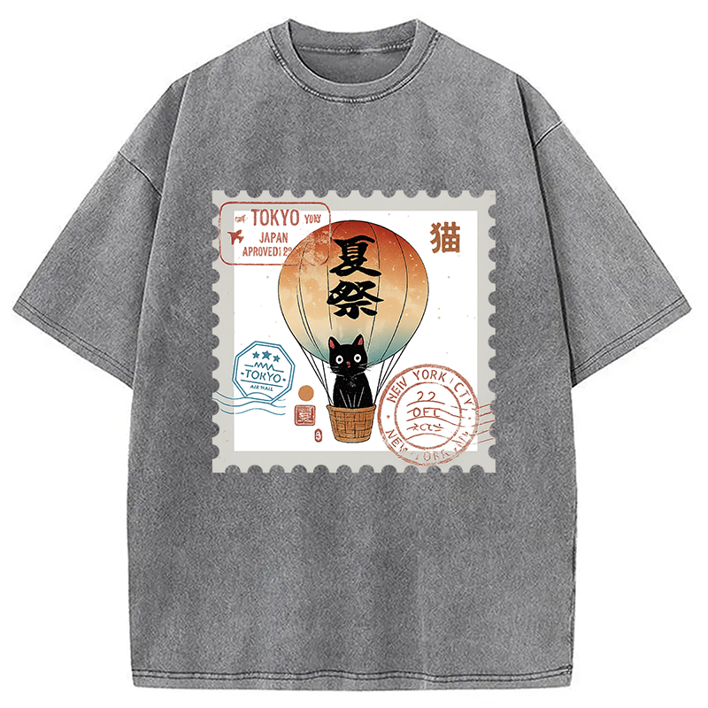 Modecanvas Japanese Cat Stamp Washed T-Shirt