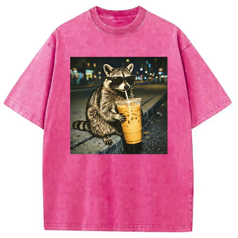 Modecanvas Racoon with a Ice Coffee Washed T-Shirt-modecanvas