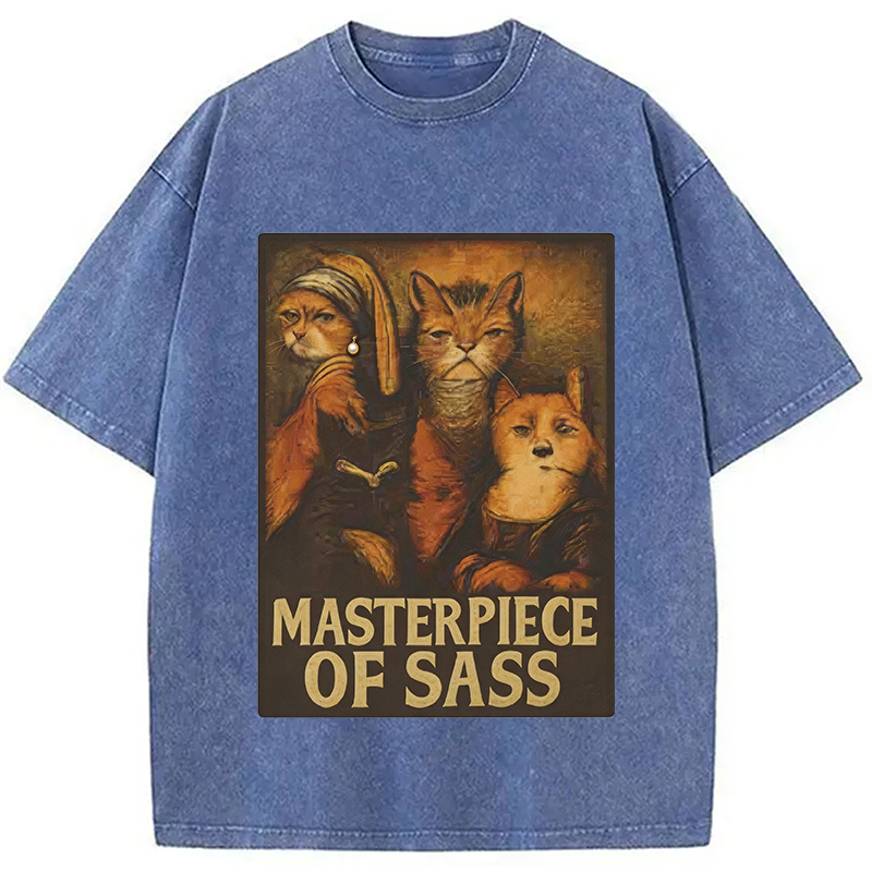Modecanvas Funny Cat Parody DTG Printing Washed T-Shirt