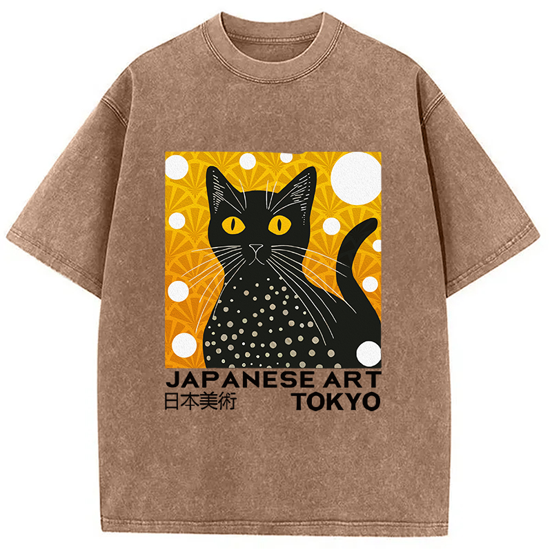 Modecanvas Black Cat Janpanese Art Washed T-Shirt