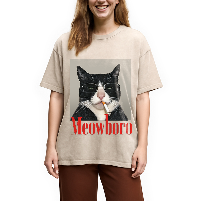Modecanvas Funny Cat Smoking Cigarette Meme Washed T-Shirt
