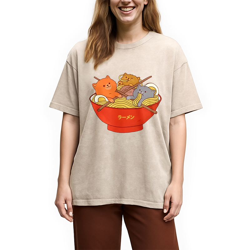 Modecanvas Cute Cat Ramen Washed T-Shirt