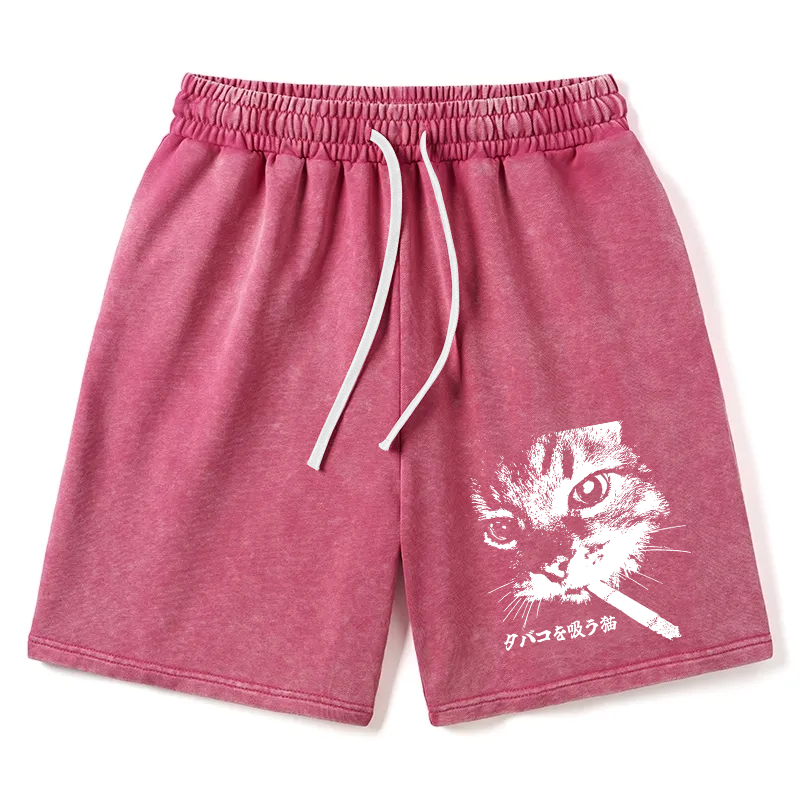 Modecanvas Retro Cat Smoking Washed Short