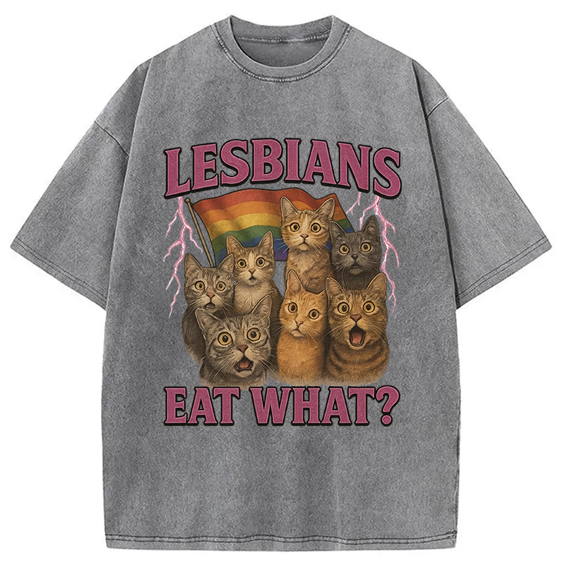 Modecanvas Lesbians Eat What?! Funny Lesbian Pride Meme DTG Printing Washed T-Shirt