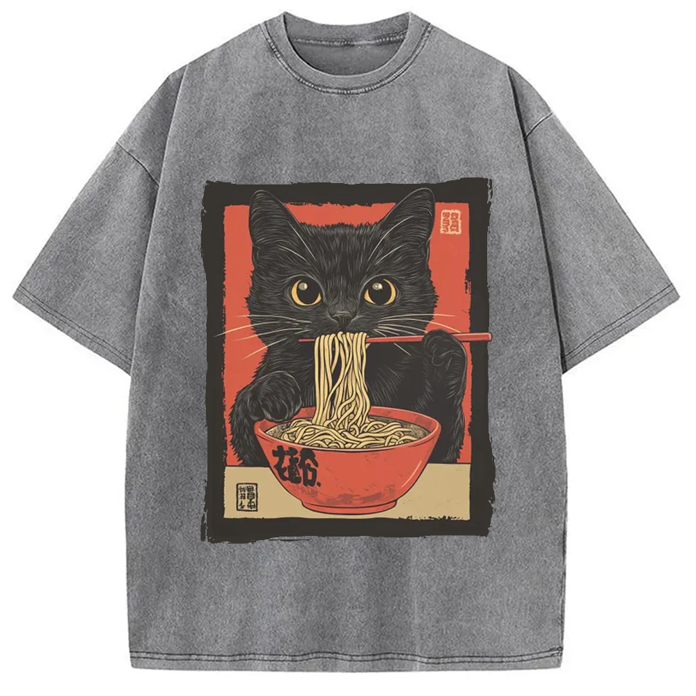 Modecanvas Kawaii Japanese Ramen Cat Vintage Washed T-Shirt