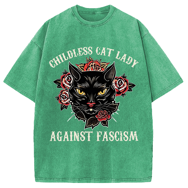 Modecanvas Childless Cat Lady Against Fascism Funny Cat Meme DTG Printing Washed T-Shirt