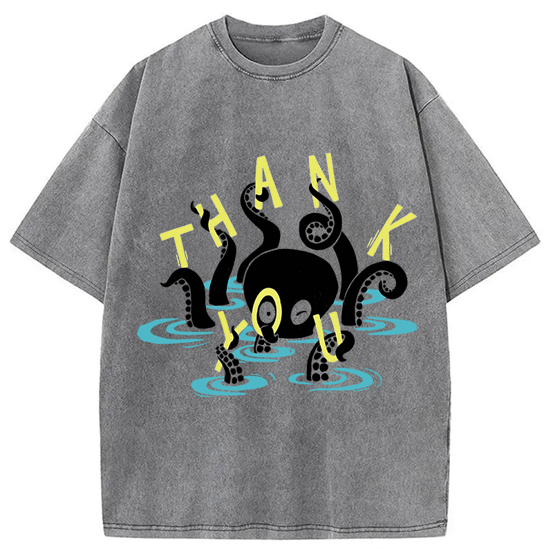 Modecanvas Octopus In Water Thank You DTG Printing Washed T-Shirt