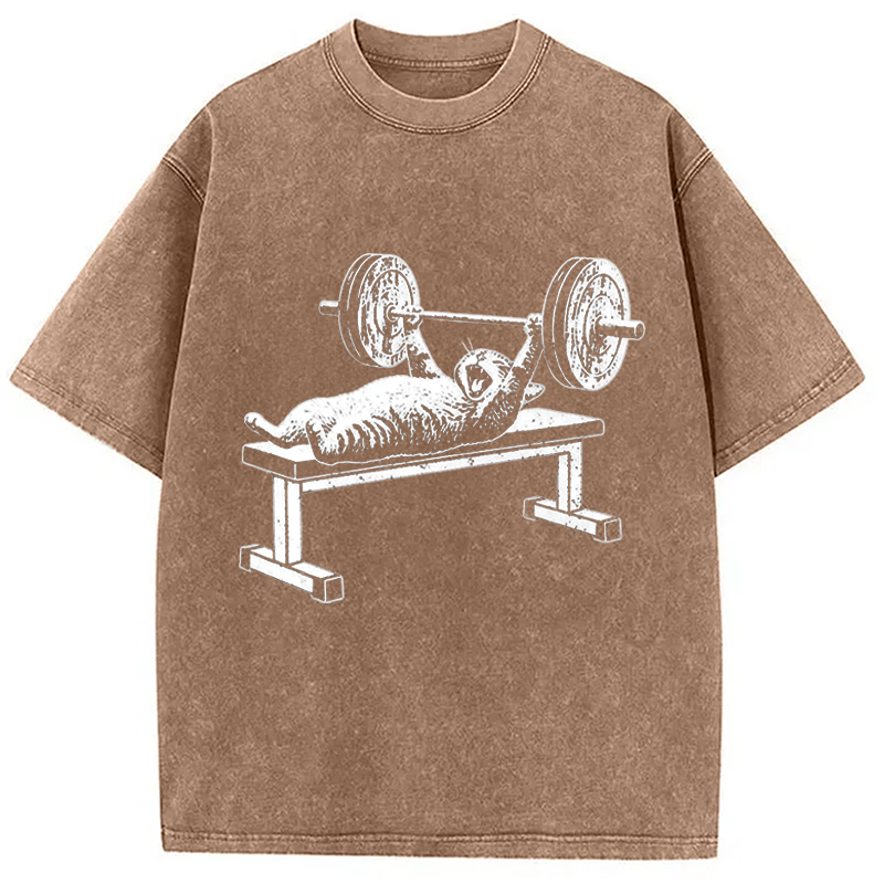 Modecanvas Funny Cat Gym DTG Printing Washed T-Shirt