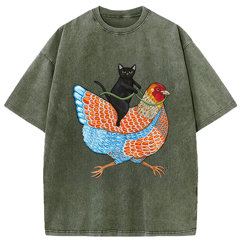 Modecanvas Black Cat On a Wyandotte Chicken Washed T-Shirt-modecanvas