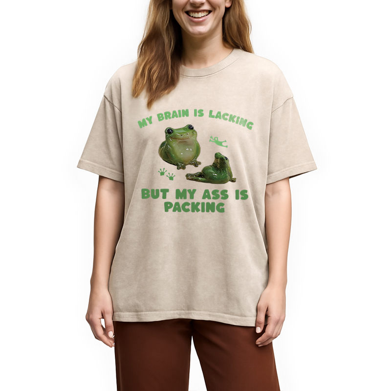 Modecanvas My Brain Is Lacking Funny Frog Meme DTG Printing Washed T-Shirt